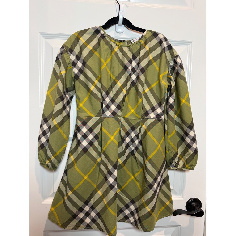 Burberry Kids Olive Green Oversized Check Cotton Dress Size 8Y 128cm Long Sleeve